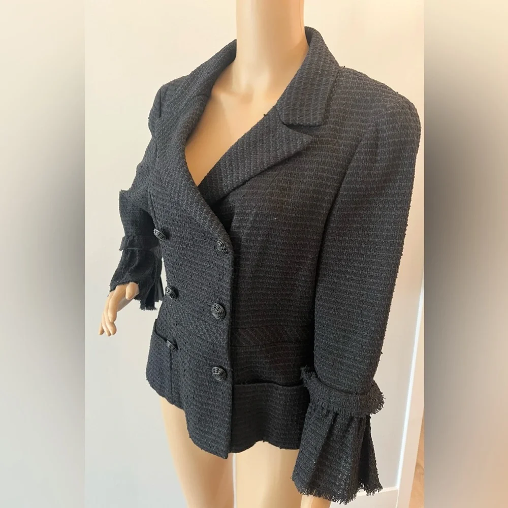 Chanel New CC Camellia Buttons Black Tweed Double Breasted Jacket size 44